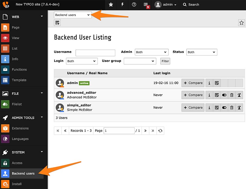 TYPO3 Backend - User Listing